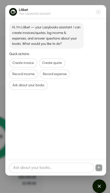 Lilibet chat window with quick actions for invoices, quotes, income, expenses and questions